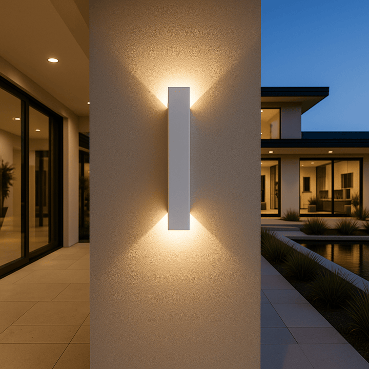 Applique blanche rectangulaire allumée au crépuscule sur un mur texturé, diffusant une lumière chaude vers le haut et le bas, devant une maison moderne. 1