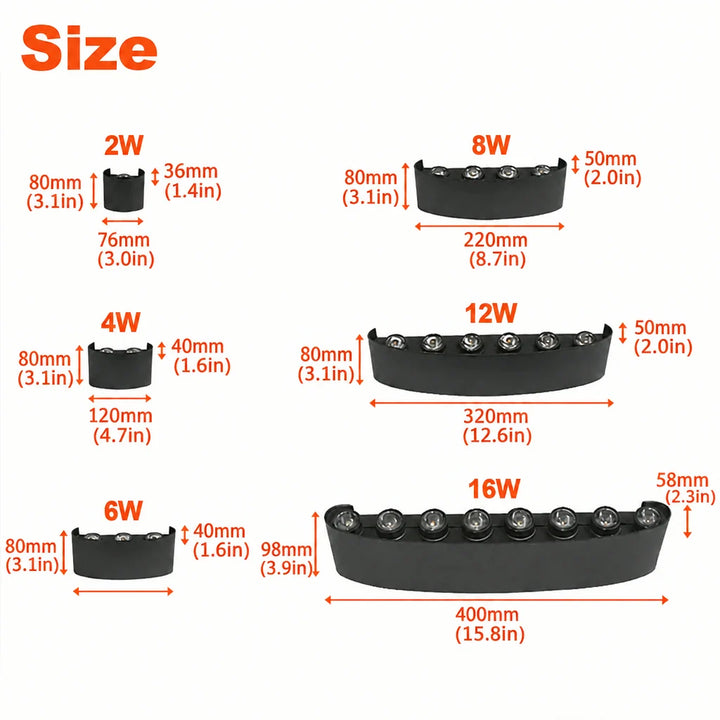 Schéma comparatif des six tailles de l'applique noire, de la plus petite à la plus longue, avec dimensions indiquées en millimètres. 3