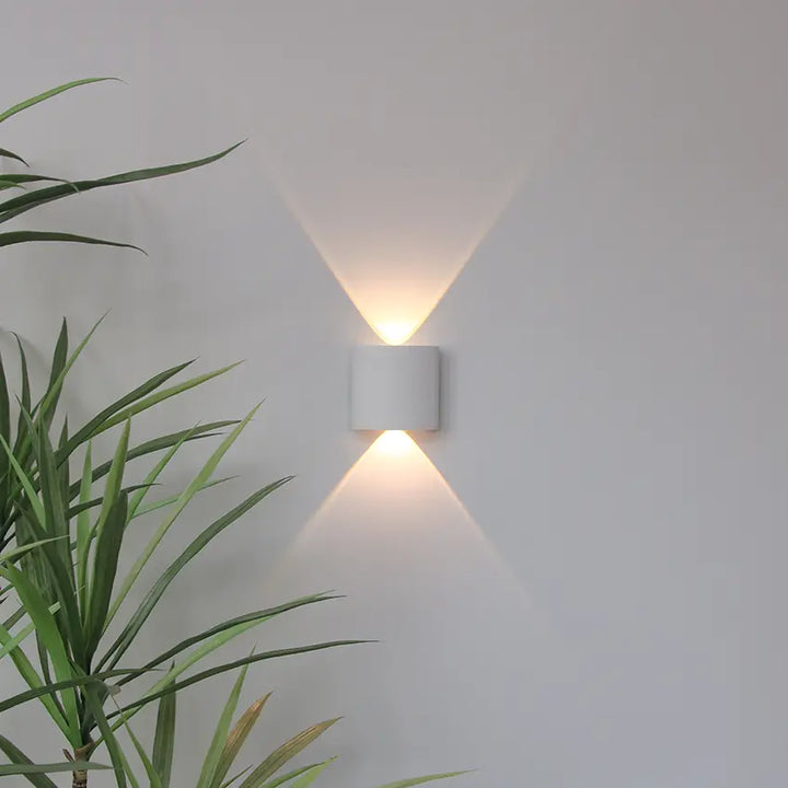 Applique cylindrique blanche allumée sur un mur gris clair, avec un faisceau chaud vers le haut et un vers le bas, grande plante au premier plan. 14