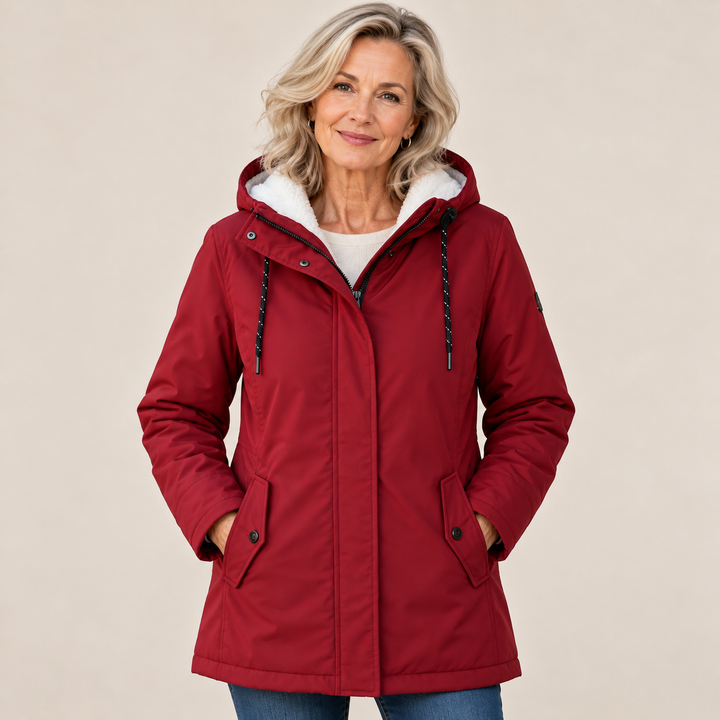 Femme aux cheveux blonds portant la parka rouge fermée, mains dans les poches, fond beige 1