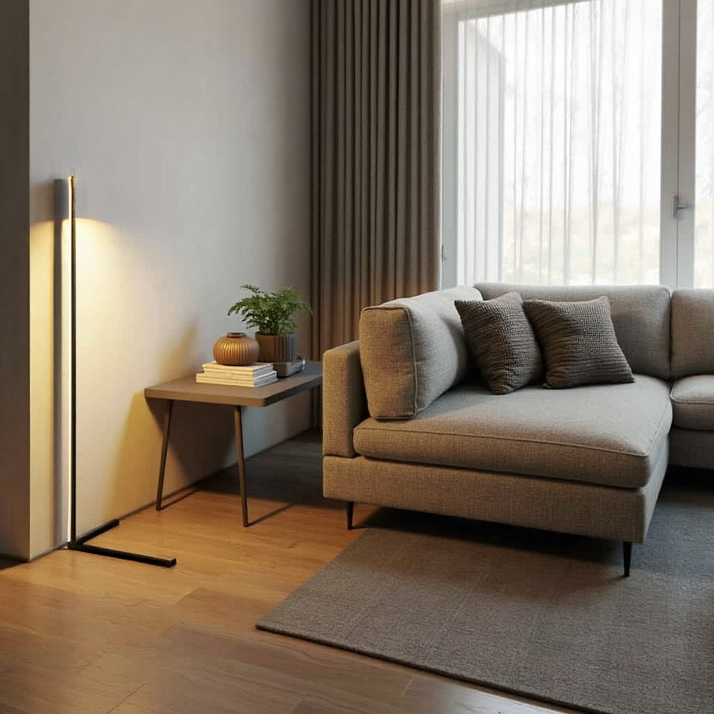 Lampadaire fin éclairant un mur clair près d'une table d'appoint, d'un canapé d'angle gris et d'un tapis 6