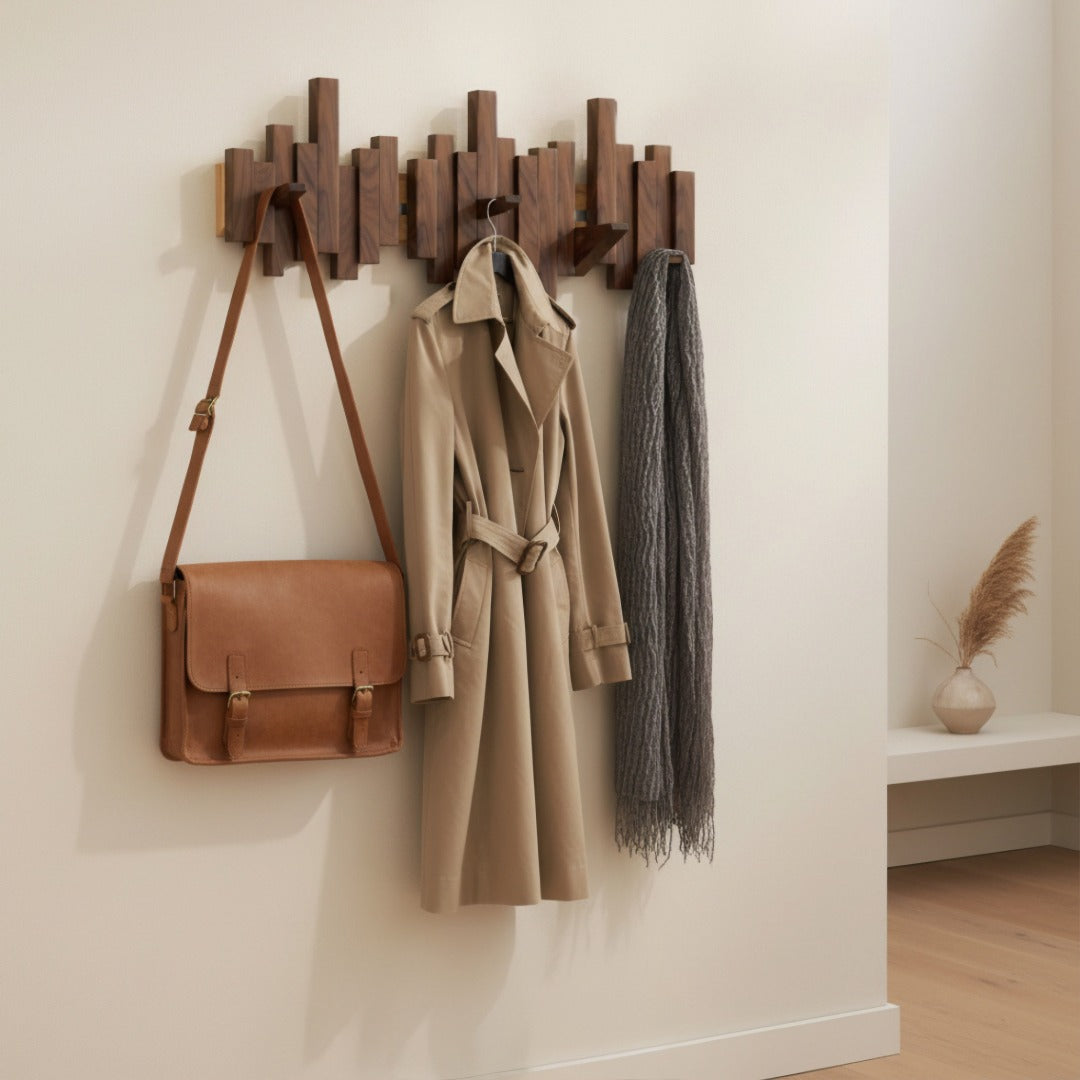 Large porte-manteau mural en bois foncé avec besace en cuir, trench beige et écharpe grise, dans une entrée lumineuse avec vase décoratif. 7