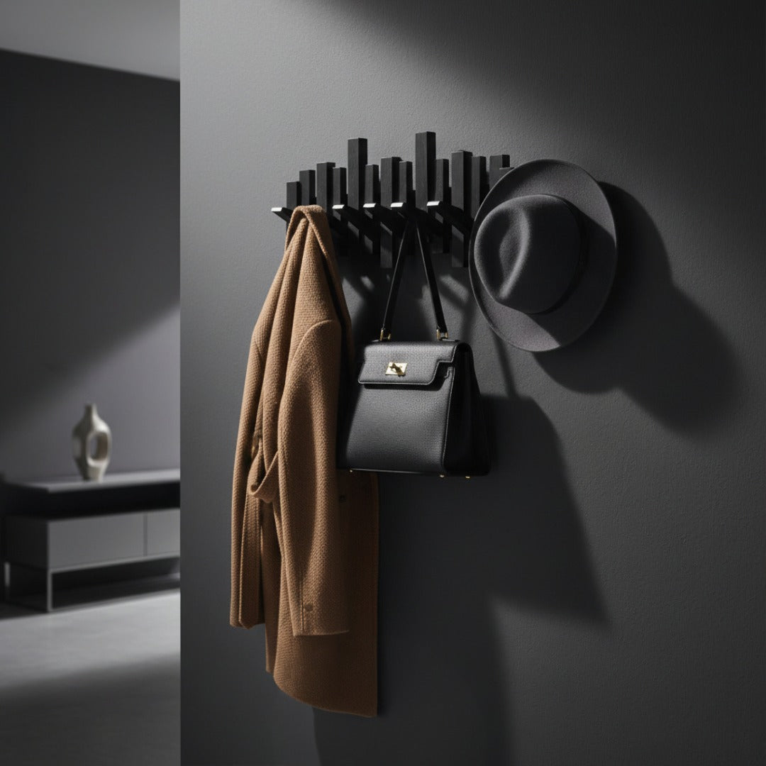 Porte-manteau mural noir dans une entrée sombre et moderne, avec manteau camel, sac à main noir et chapeau feutre gris accrochés. 8