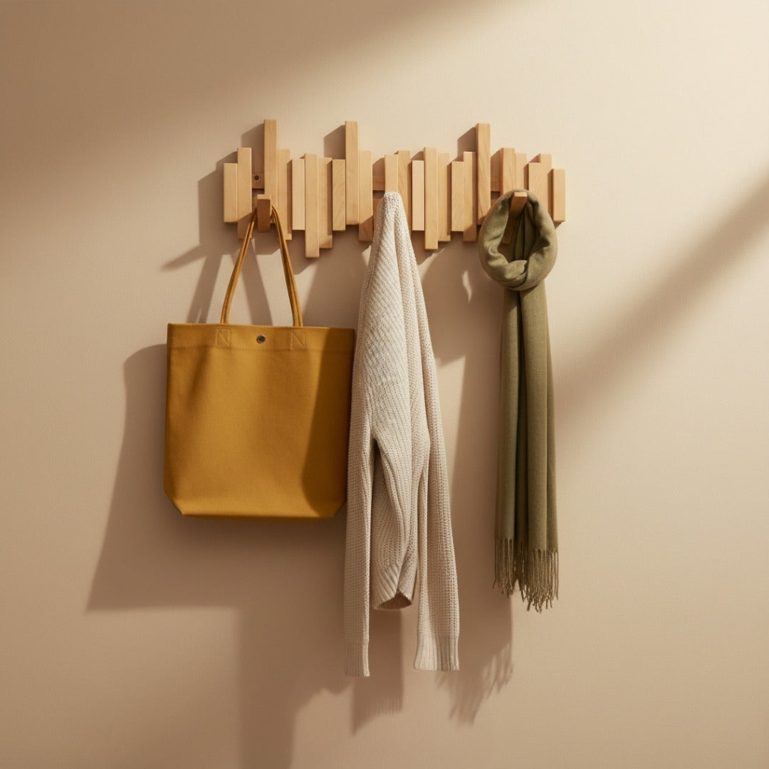 Porte-manteau mural en bois clair aux lamelles décalées, avec un sac jaune, un gilet beige et une écharpe verte accrochés sur un mur beige. 1