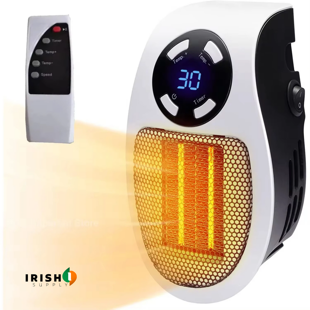 Chauffage allumé aux résistances orange lumineuses, télécommande à boutons posée à côté sur fond clair 10