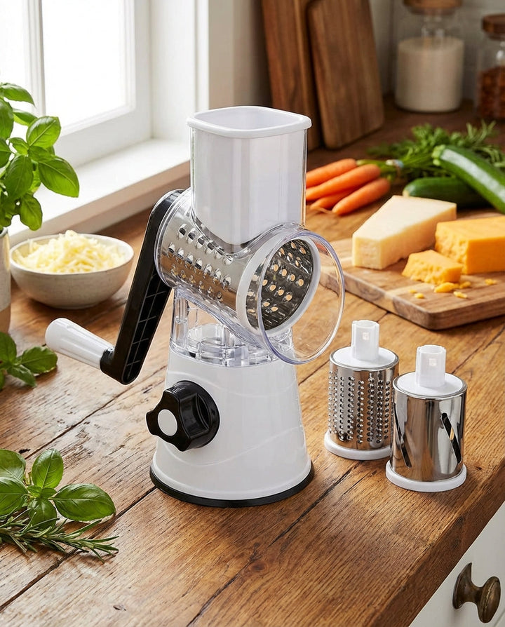Coupe-légumes blanc à manivelle noire posé sur un plan de travail en bois, avec deux tambours en inox à côté, fromage et carottes. 1