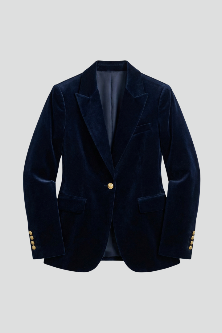 Blazer en velours bleu marine posé à plat, boutons dorés au col et aux manches 1