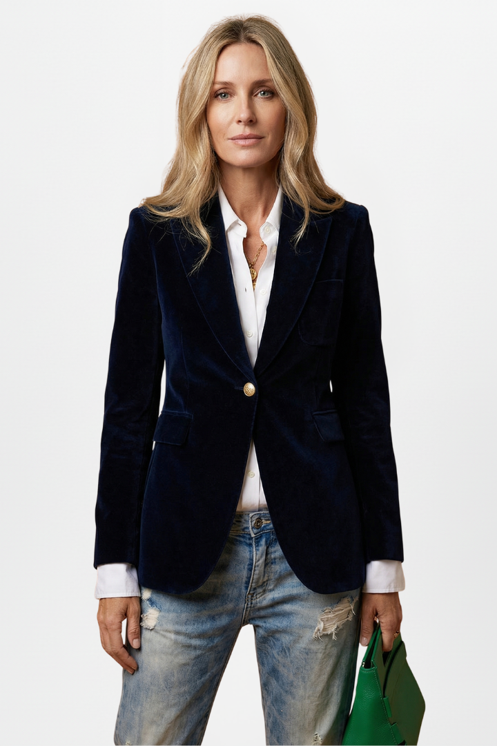 Femme portant le blazer en velours bleu marine sur chemise blanche et jean, vue de face 2