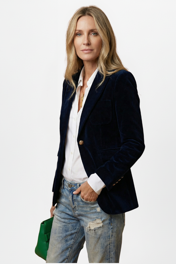 Blazer en velours bleu marine porté ouvert de trois quarts, une main dans la poche du jean 3