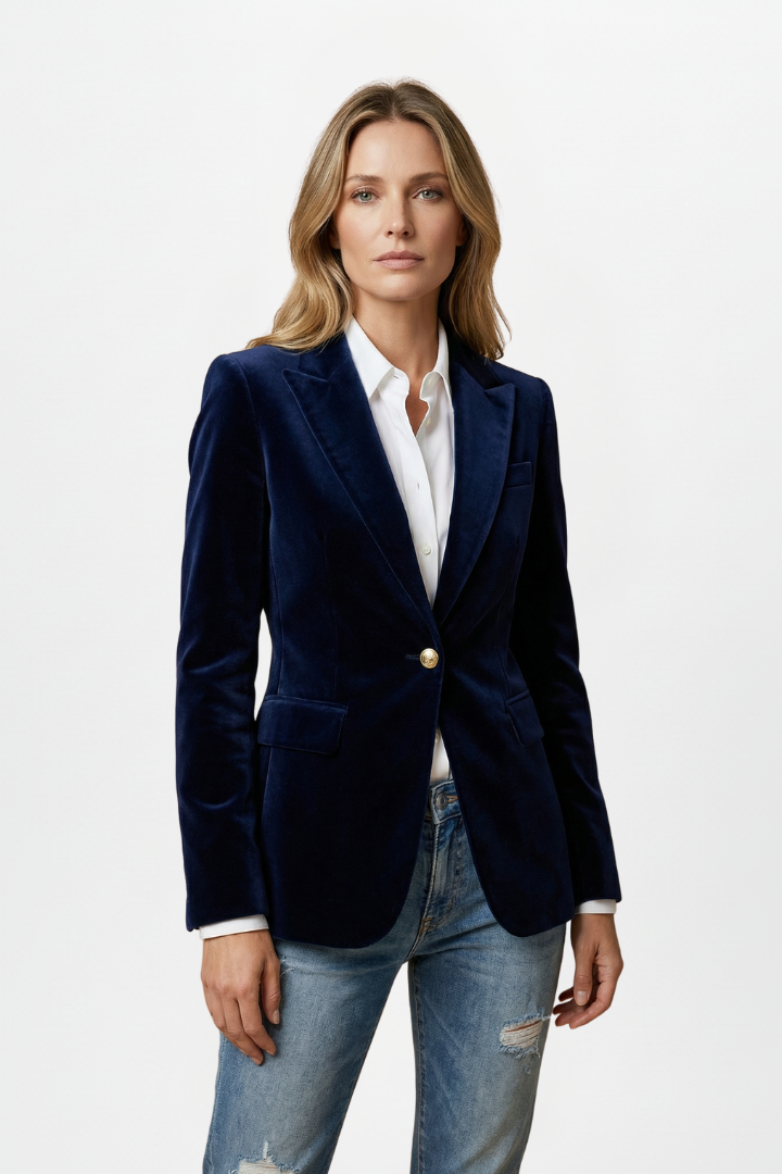 Blazer en velours bleu marine porté boutonné sur chemise blanche, jean déchiré, vue de face sur fond clair 6