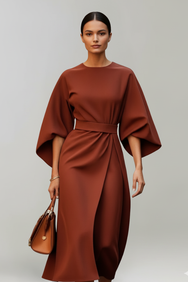 Robe rouge brique portée de face, manches évasées, ceinture à la taille et sac cognac 8