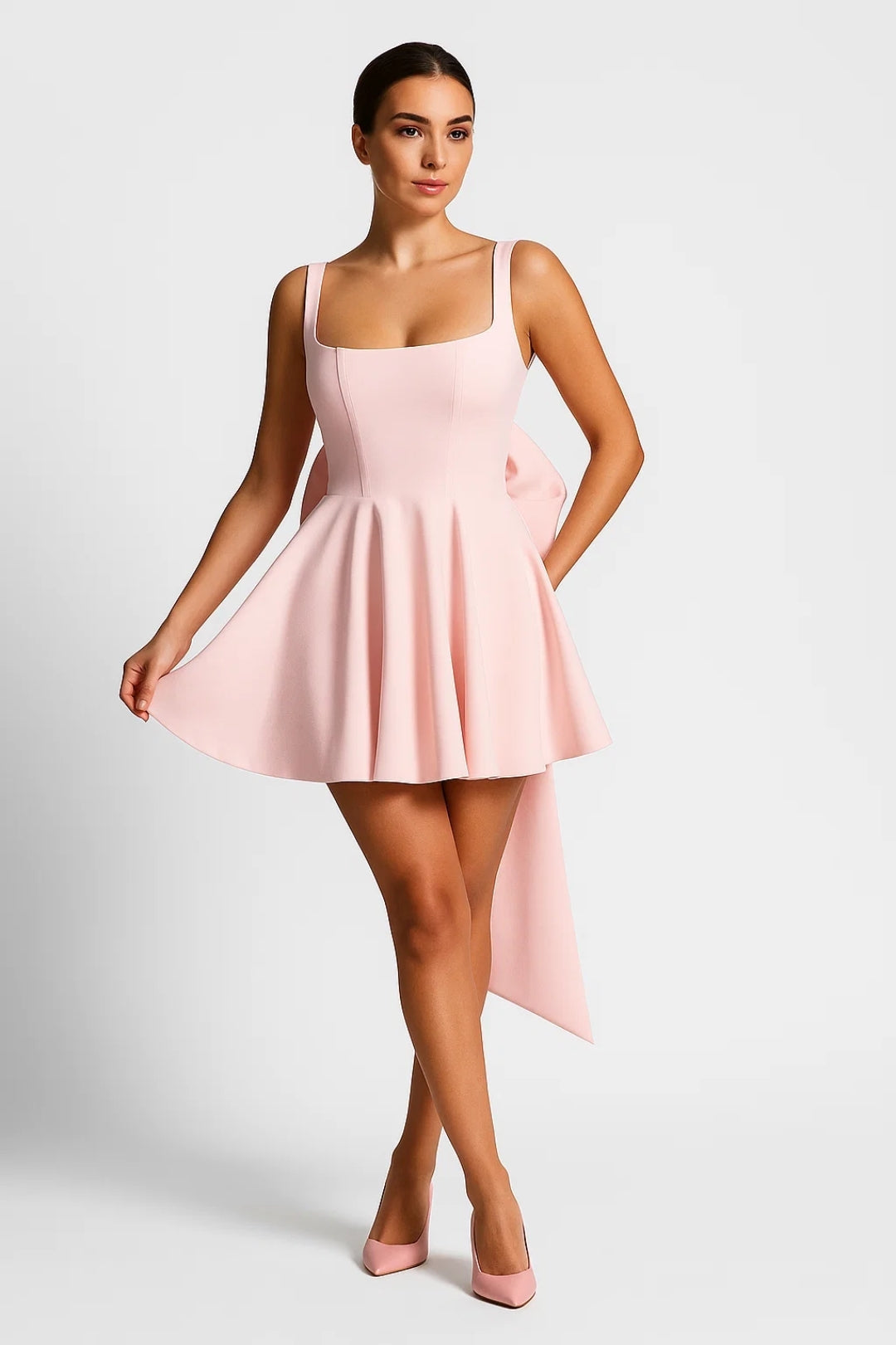 Mannequin portant la version rose pâle de la robe, jupe évasée soulevée d'une main, escarpins assortis 6