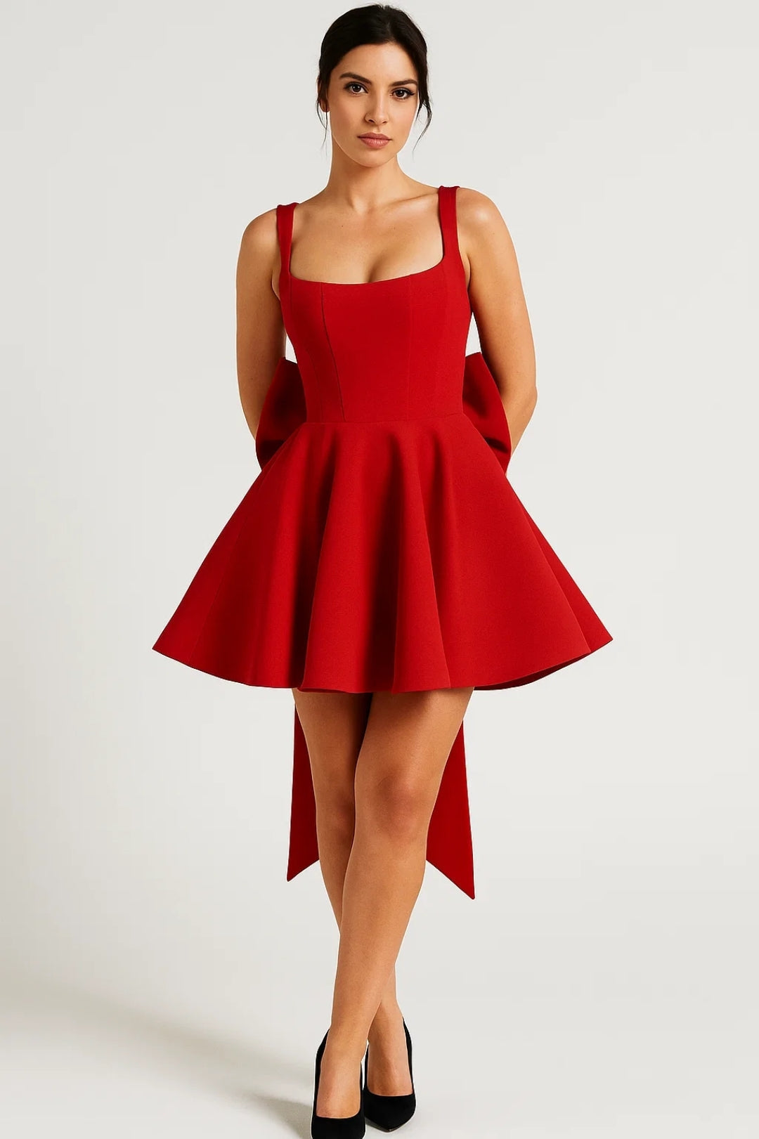 Mannequin portant la version rouge de la robe, mains dans le dos, avec escarpins noirs 7