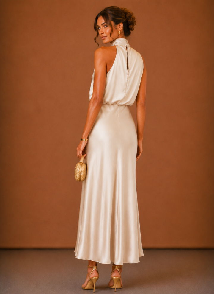 Robe en satin champagne vue de dos : ouverture en goutte sous le col, taille marquée et jupe fluide. 6