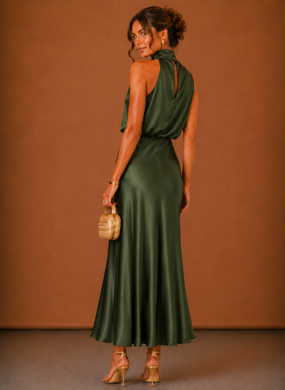 Robe en satin vert olive vue de dos : ouverture en goutte sous le col et jupe longue évasée. 3
