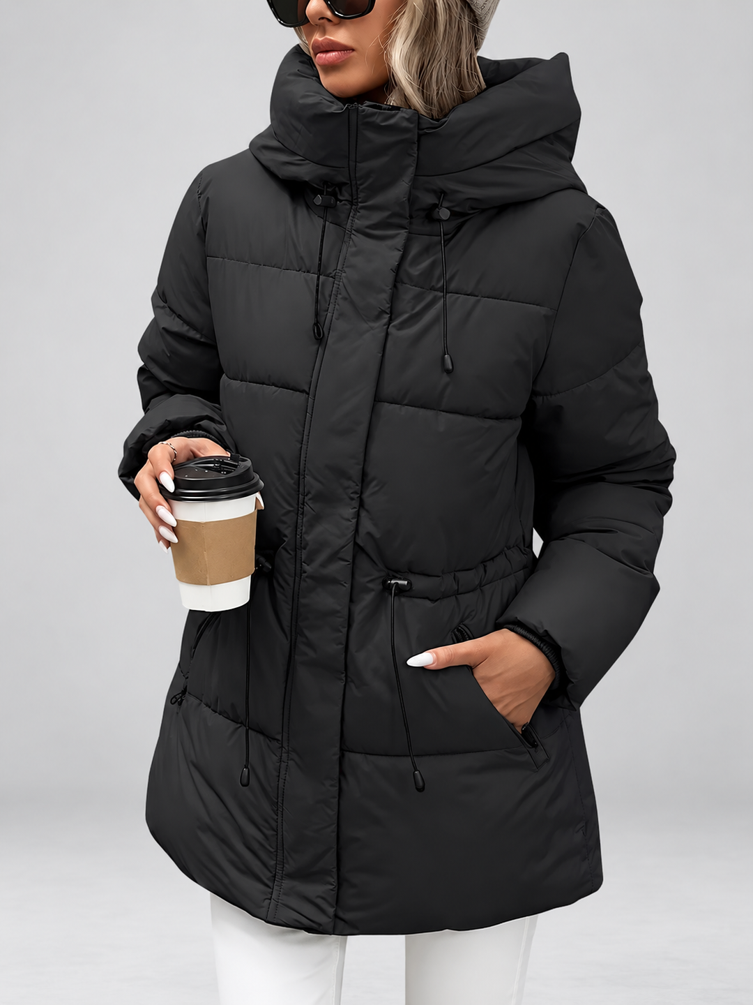 Manteau noir fermé porté par une mannequin tenant un gobelet de café, vue de face, main dans la poche 1