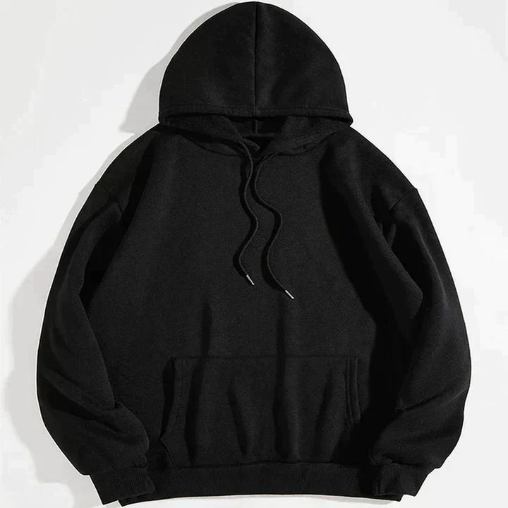Sweat à capuche noir photographié à plat sur fond blanc, vu de face avec cordons de serrage, poche kangourou et poignets côtelés. 5