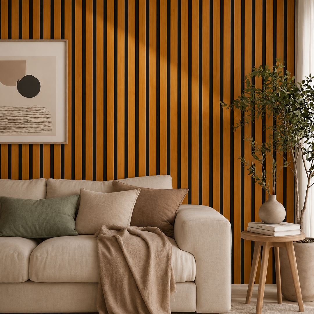 Canapé beige devant un mur à lattes imitation bois miel, avec cadre, plante et table d'appoint 4