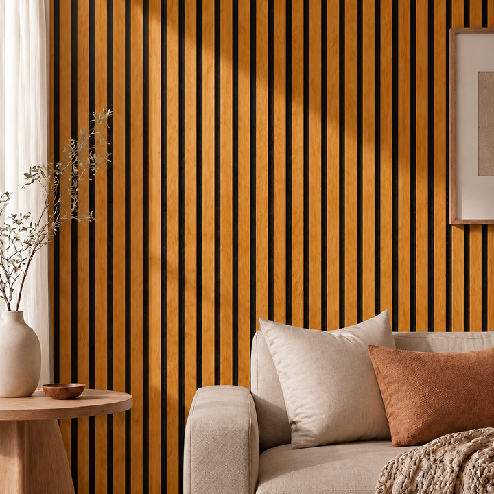 Gros plan sur un mur à lattes imitation bois miel et rainures noires, derrière un canapé beige 5