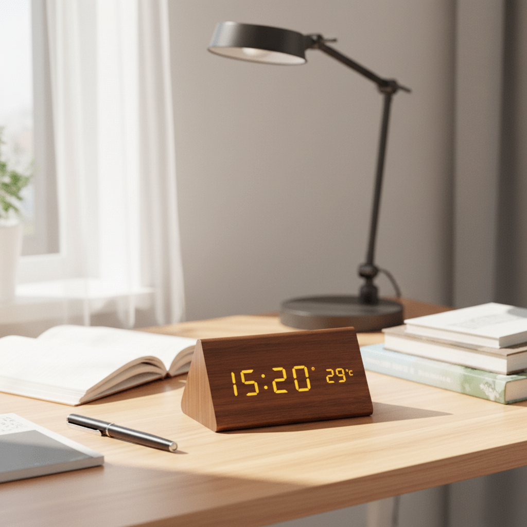 Réveil triangulaire en bois brun posé sur un bureau clair, entre un livre ouvert, un stylo et une lampe articulée. 3