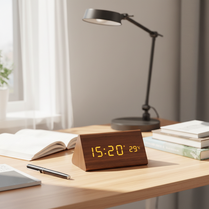 Réveil triangulaire en bois brun posé sur un bureau clair, entre un livre ouvert, un stylo et une lampe articulée. 3