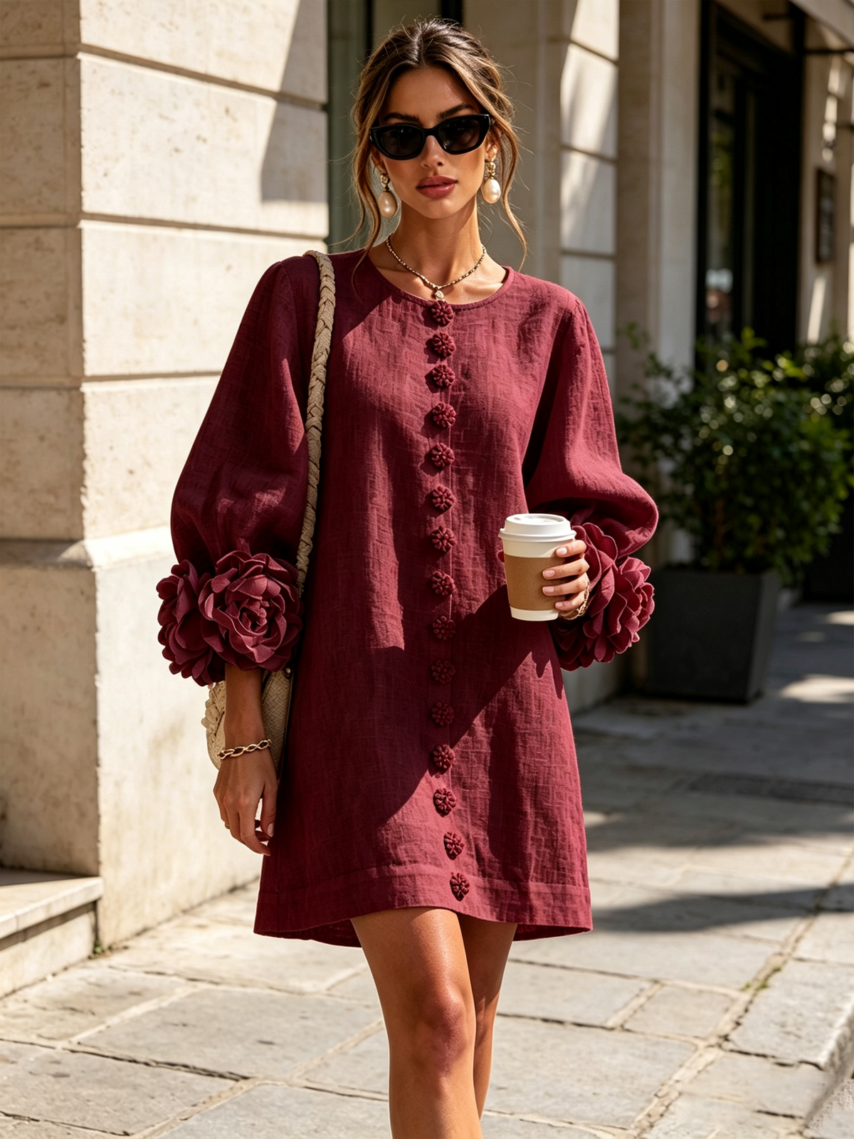 Version bordeaux de la robe portée dans la rue, avec rangée de boutons fleurs et roses aux manches. 7
