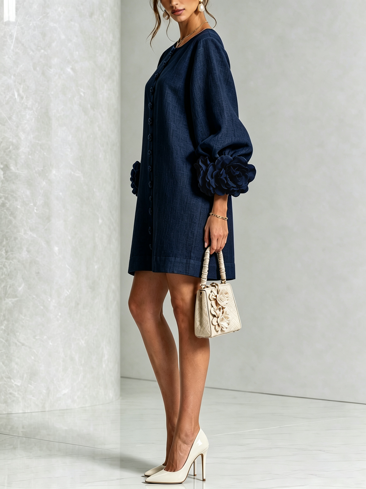 Robe bleu marine vue de profil en studio, avec escarpins clairs, petit sac beige et rose à la manche. 19