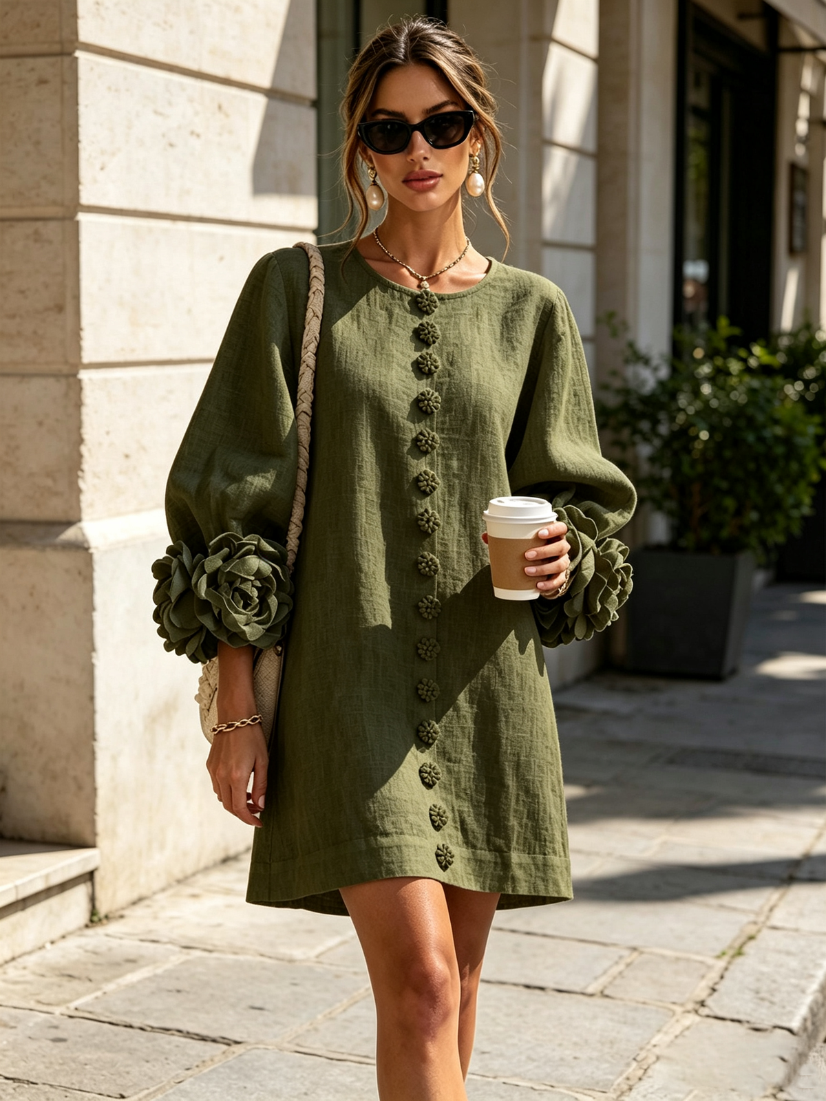 Version vert olive de la robe portée dans la rue, boutons fleurs sur le devant et roses aux poignets. 2
