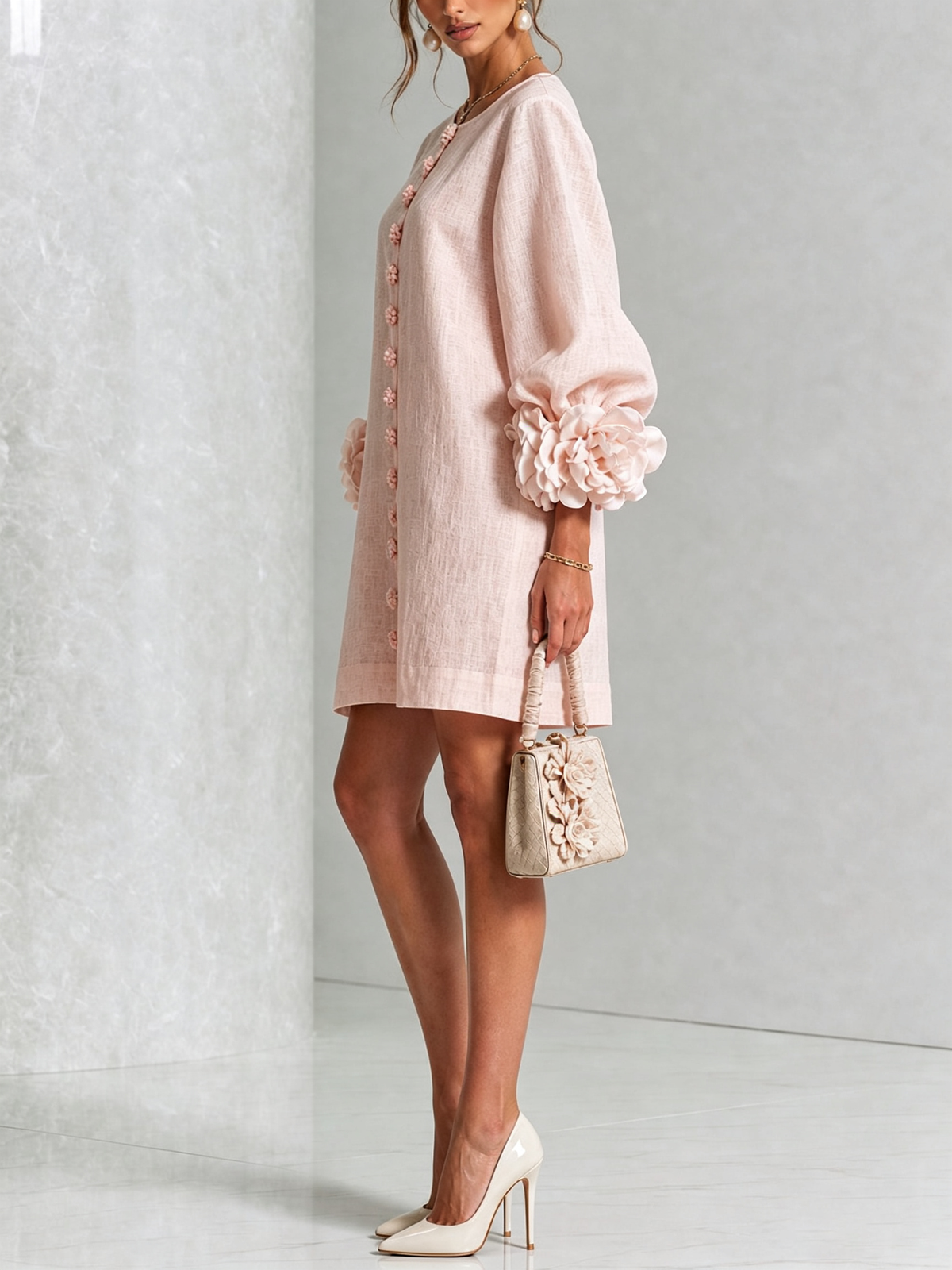 Robe rose poudré portée de profil, manche ballon avec grosse rosette au poignet, sac beige à fleurs et escarpins clairs. 25