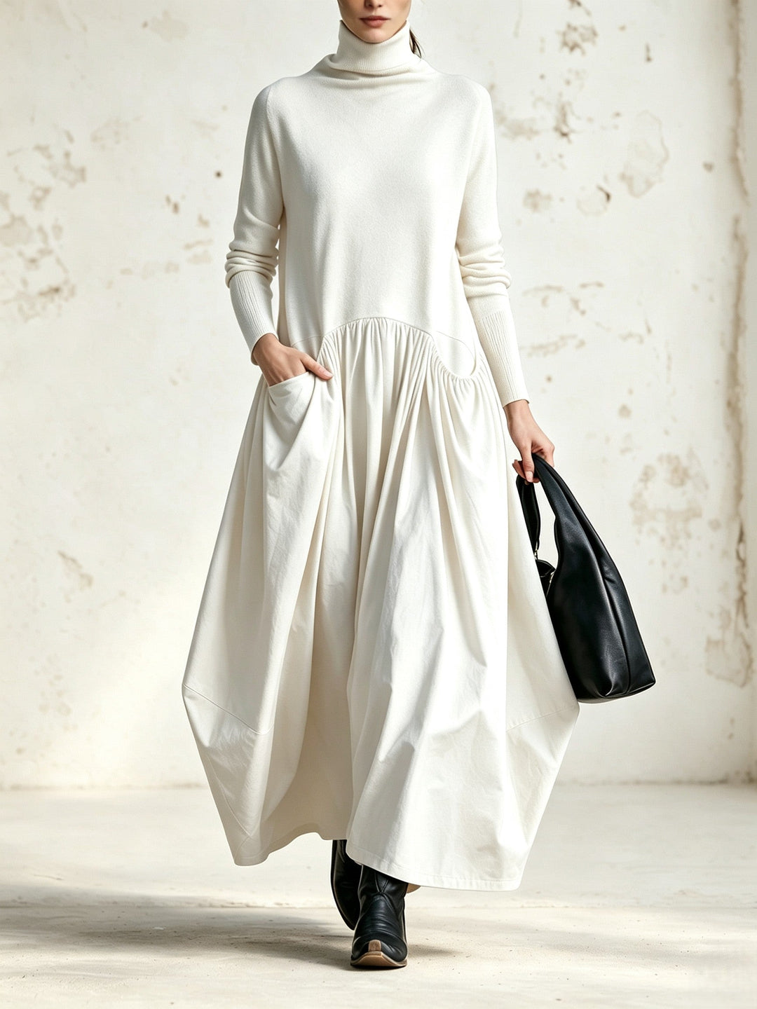 Robe blanc crème portée de face, col montant, jupe ample plissée, bottes et sac noirs 5