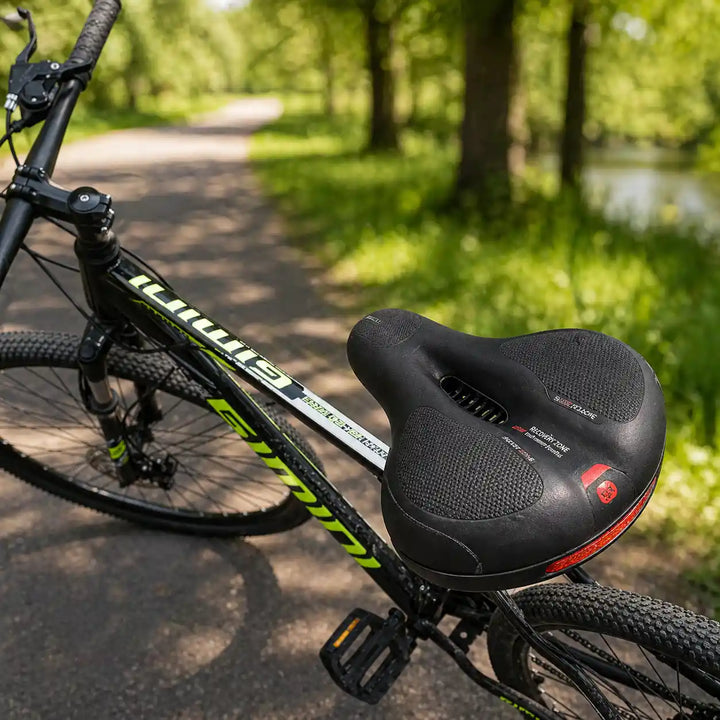 Selle noire vue de trois quarts sur un vélo tout-terrain, posé sur un chemin ombragé en forêt. 9