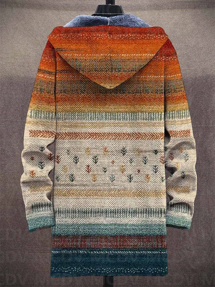 Vue de dos du cardigan à capuche sur mannequin, dégradé orange vers beige et bas bleu-vert, petits sapins 2