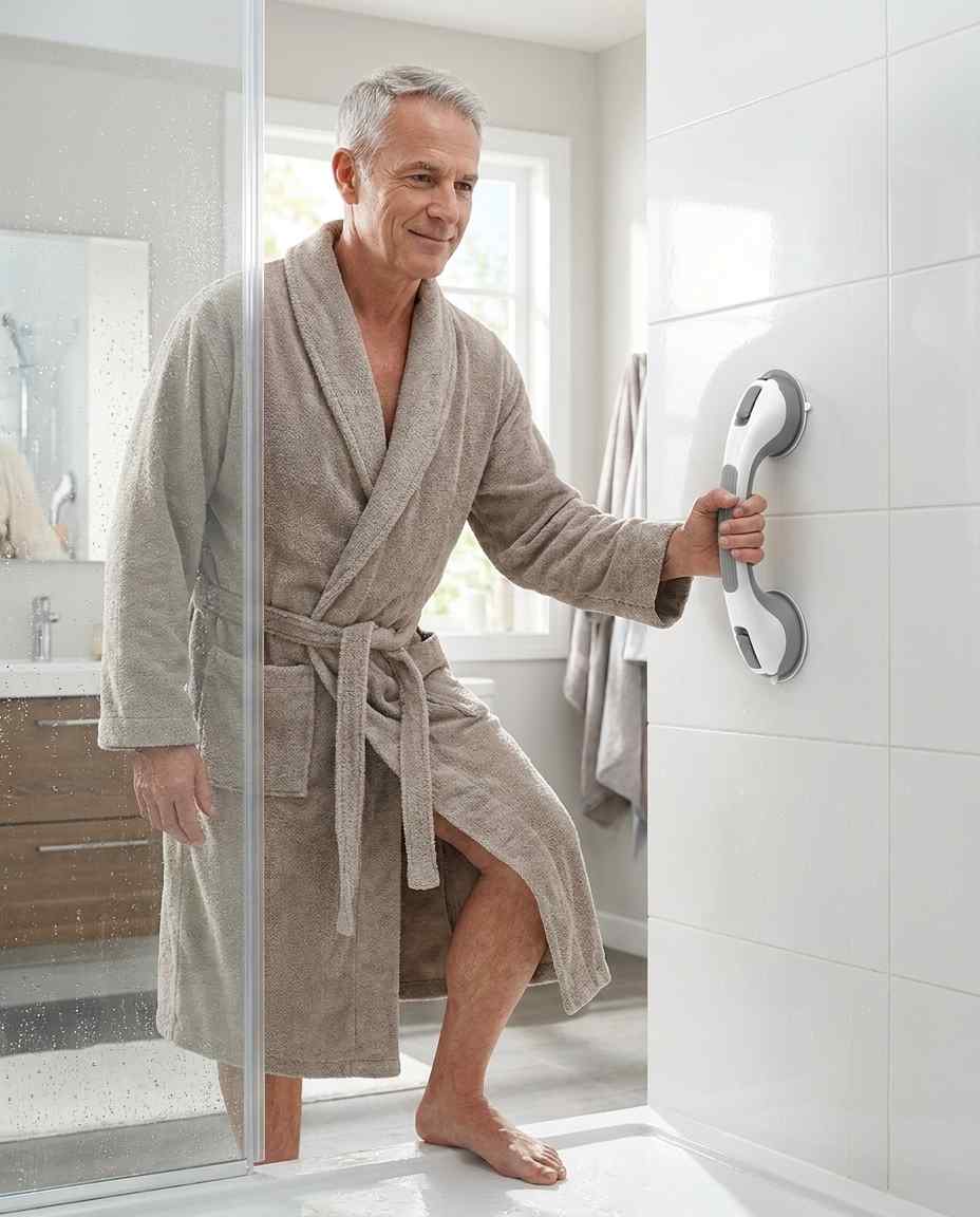 Homme en peignoir beige sortant de la douche, une main posée sur la barre verticale fixée au carrelage blanc. 15