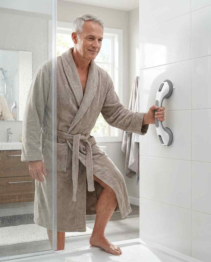 Homme en peignoir beige sortant de la douche, une main posée sur la barre verticale fixée au carrelage blanc. 15