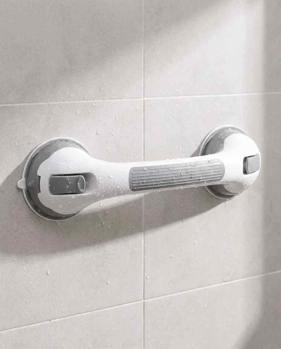 Barre fixée sur un carrelage beige gris couvert de gouttes d'eau, vue de face avec sa poignée striée grise et ses deux leviers. 14