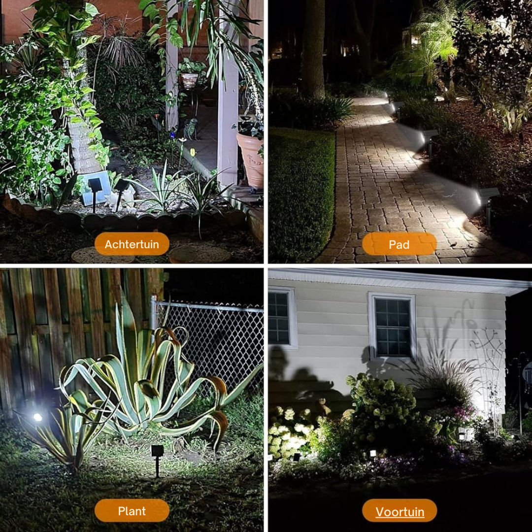 Quatre exemples d'utilisation de nuit en lumière blanche froide : arrière-jardin, allée, plante éclairée près d'un grillage et massif devant une maison. 9