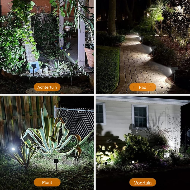 Quatre exemples d'utilisation de nuit en lumière blanche froide : arrière-jardin, allée, plante éclairée près d'un grillage et massif devant une maison. 9
