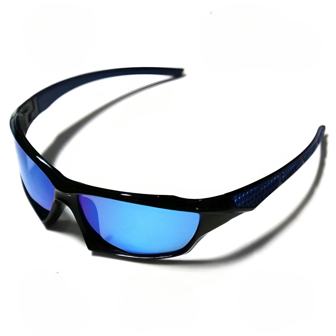 Lunettes à verres miroir bleus et monture noire aux détails bleus, vue de trois quarts sur fond blanc 13