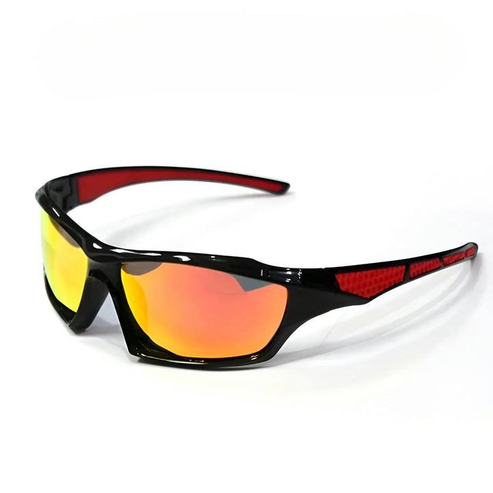 Lunettes à verres miroir orange et jaune, branches noires et rouges, vue de trois quarts sur fond blanc 14
