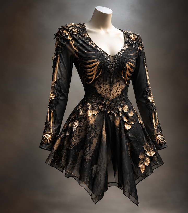 Version noire sur mannequin, avec côtes dorées sur le buste, roses dorées aux épaules et aux poignets, et jupe asymétrique en voile transparent. 1