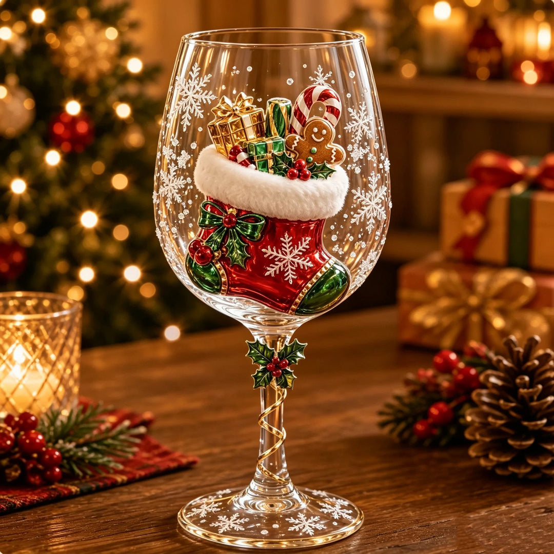 Verre à pied orné d'une chaussette de Noël garnie de cadeaux, canne en sucre et pain d'épices 6