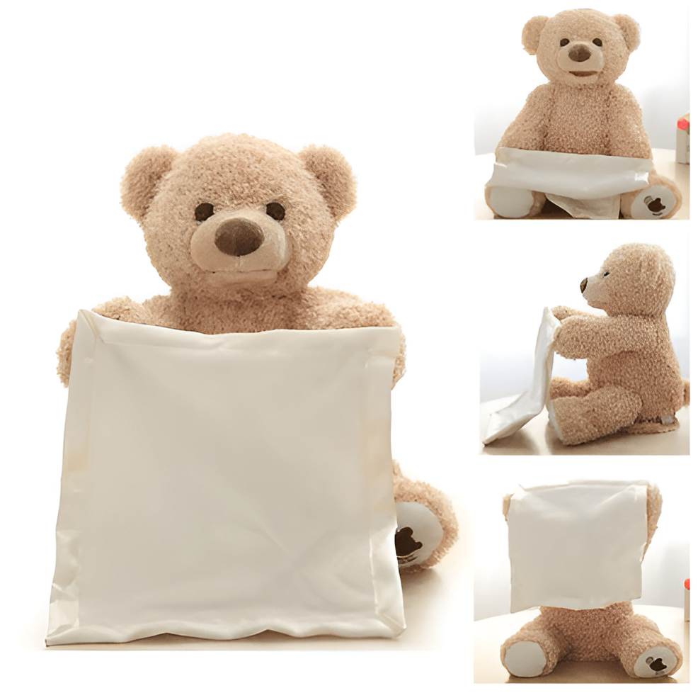 Montage de quatre vues de l'ours beige avec son tissu crème : de face, de profil et le visage caché. 5