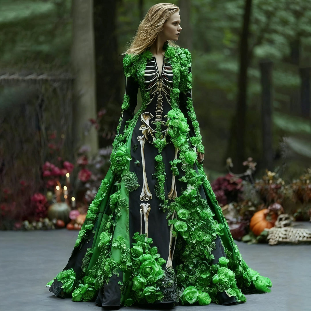 Robe longue noire à squelette portée par un mannequin, garnie de roses en relief vertes, avec fleurs et bougies autour. 4
