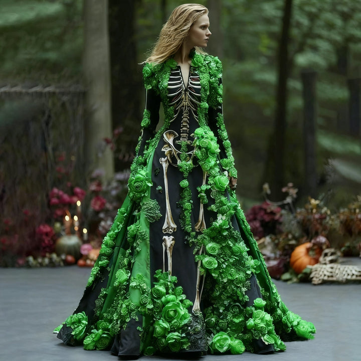 Robe longue noire à squelette portée par un mannequin, garnie de roses en relief vertes, avec fleurs et bougies autour. 4
