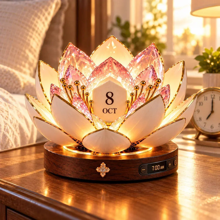 Fleur lumineuse sur une table de chevet, avec petit écran d'heure et boutons sur le socle 4
