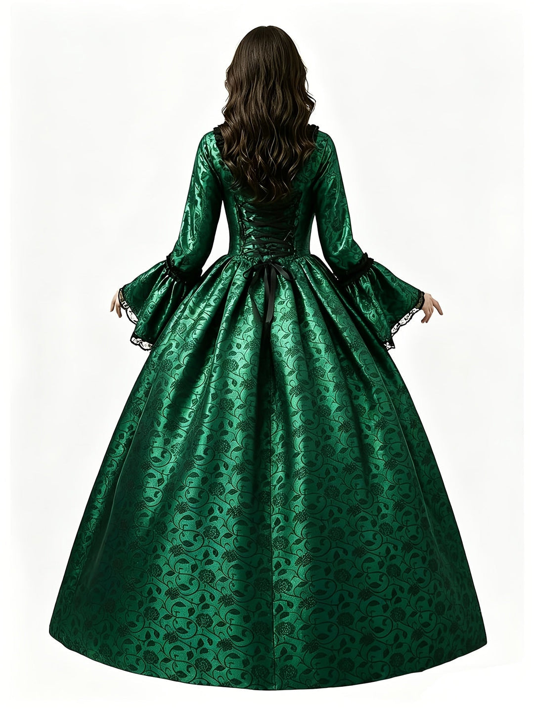 Robe verte vue de dos avec corset lacé, ruban noir et large jupe à motif floral. 8