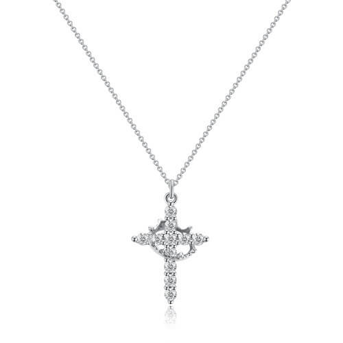 Version argentÃ©e du collier sur fond blanc, croix sertie de pierres brillantes entourÃ©e d'une petite couronne. 4