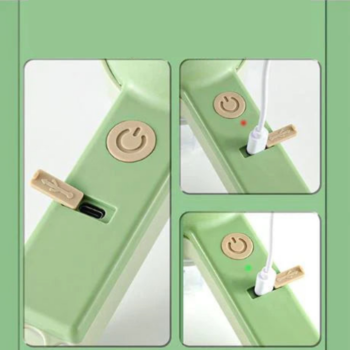 Détail de la poignée verte : bouton marche, prise de charge USB-C ouverte et témoins lumineux rouge et vert 4