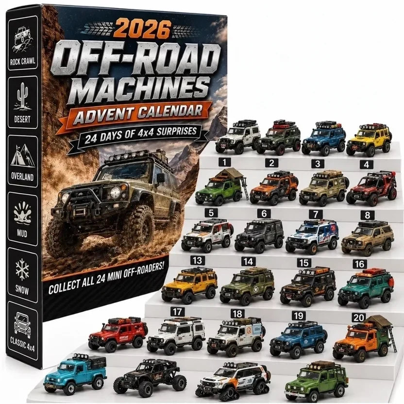 Coffret du calendrier de l'Avent version 4x4 tout-terrain, avec ses vingt-quatre miniatures colorées alignées sur des gradins 1