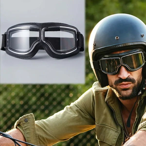 Montage associant les lunettes à verres transparents en gros plan et un motard barbu en casque et veste kaki les portant. 4